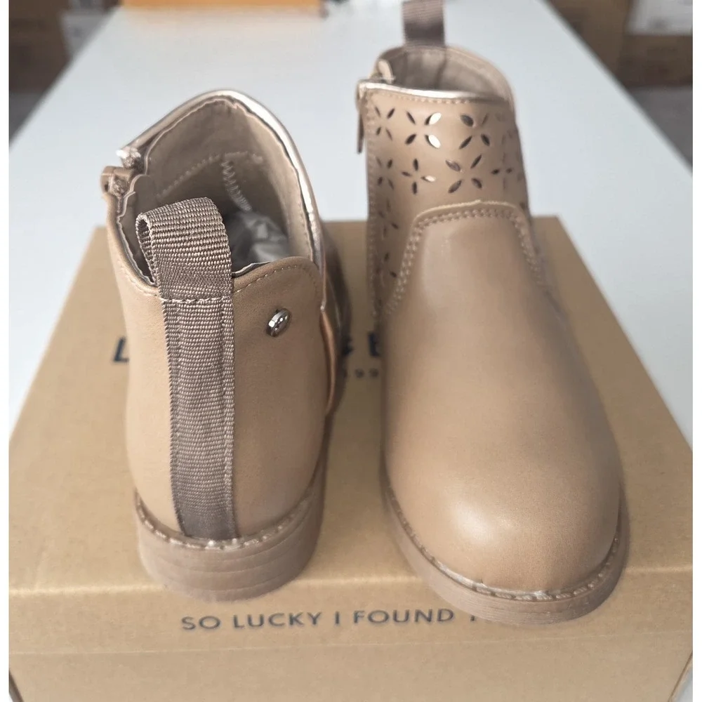 Lucky Brand Tan Floral Laser Cut Ankle Boots Tan Gold Trim Zipper Bootie Size 13